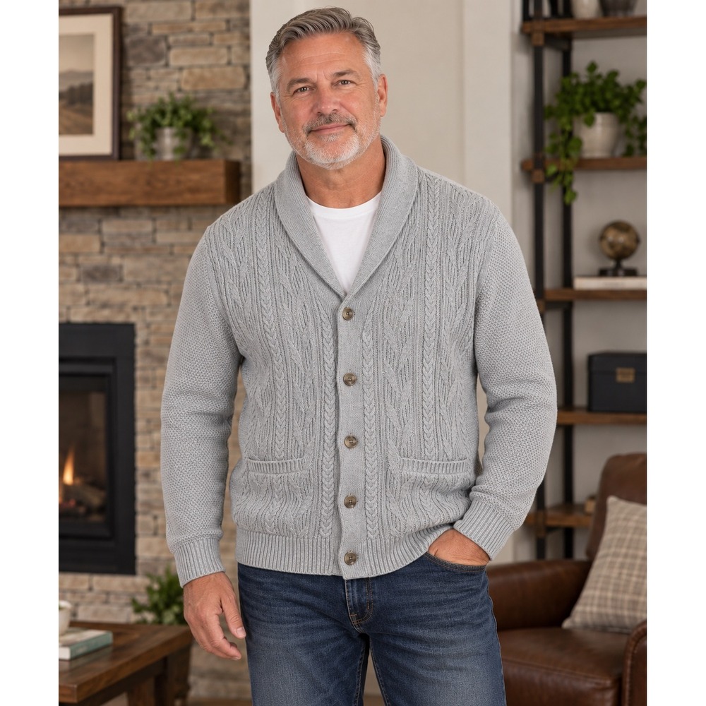 Tasso Elba Mens Gray Cotton Shawl Collar Cable Knit Button Cardigan Sweater L